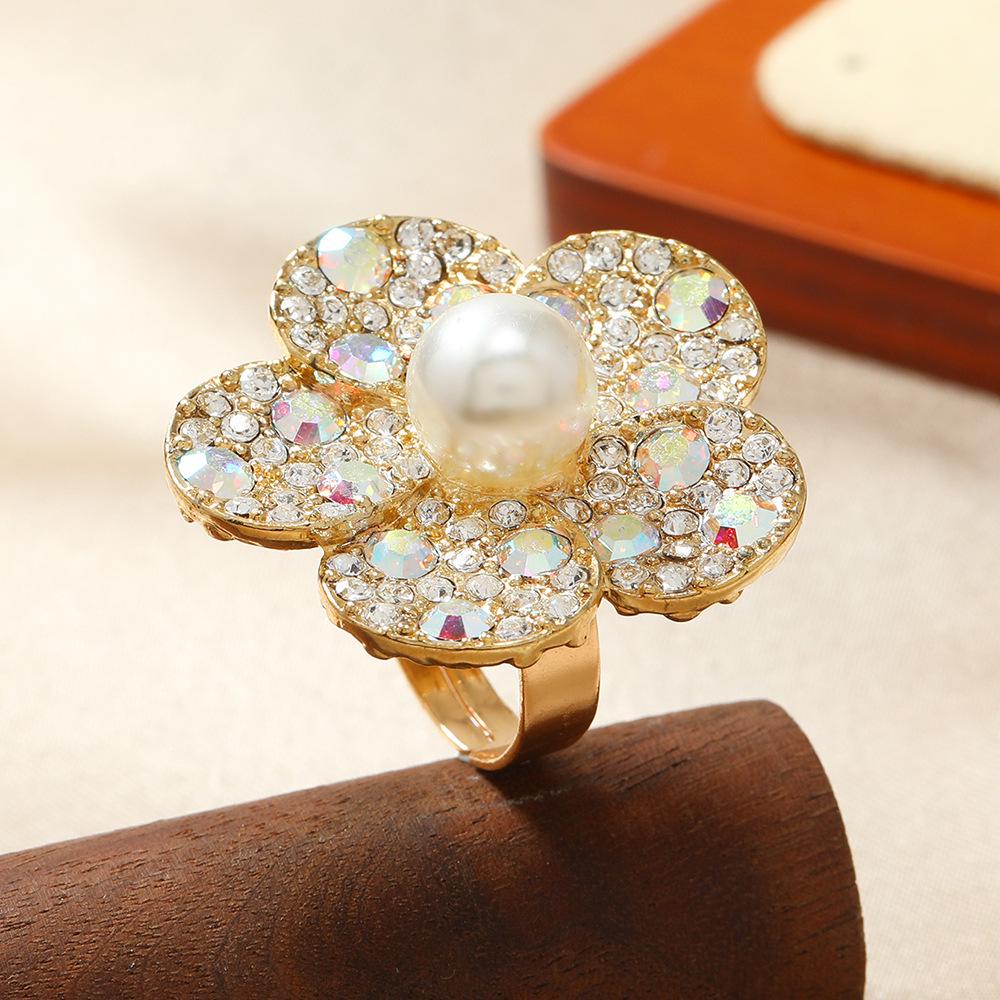 Korean Style Bow Knot Resin Ring with Diamonds and Pearls