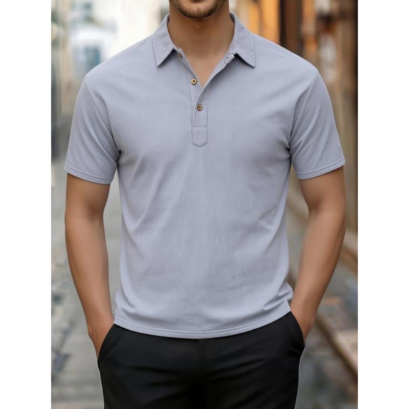 Men Solid Linen Texture Lapel 3 Button Half Placket Short Sleeve Polo Shirt Multiple Colors