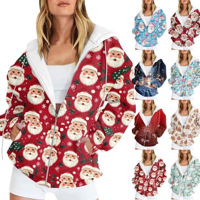 Ladies Fashion Casual Christmas Print Sweatshirt Autumn Winter Long Sleeve Cardigan Jacket With Pocket Zipper Hoodie Jacket