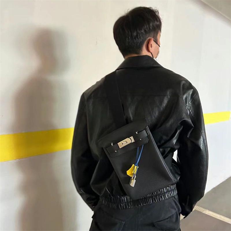 Sac de poitrine et sac à bandoulière unisexe en cuir véritable style collège