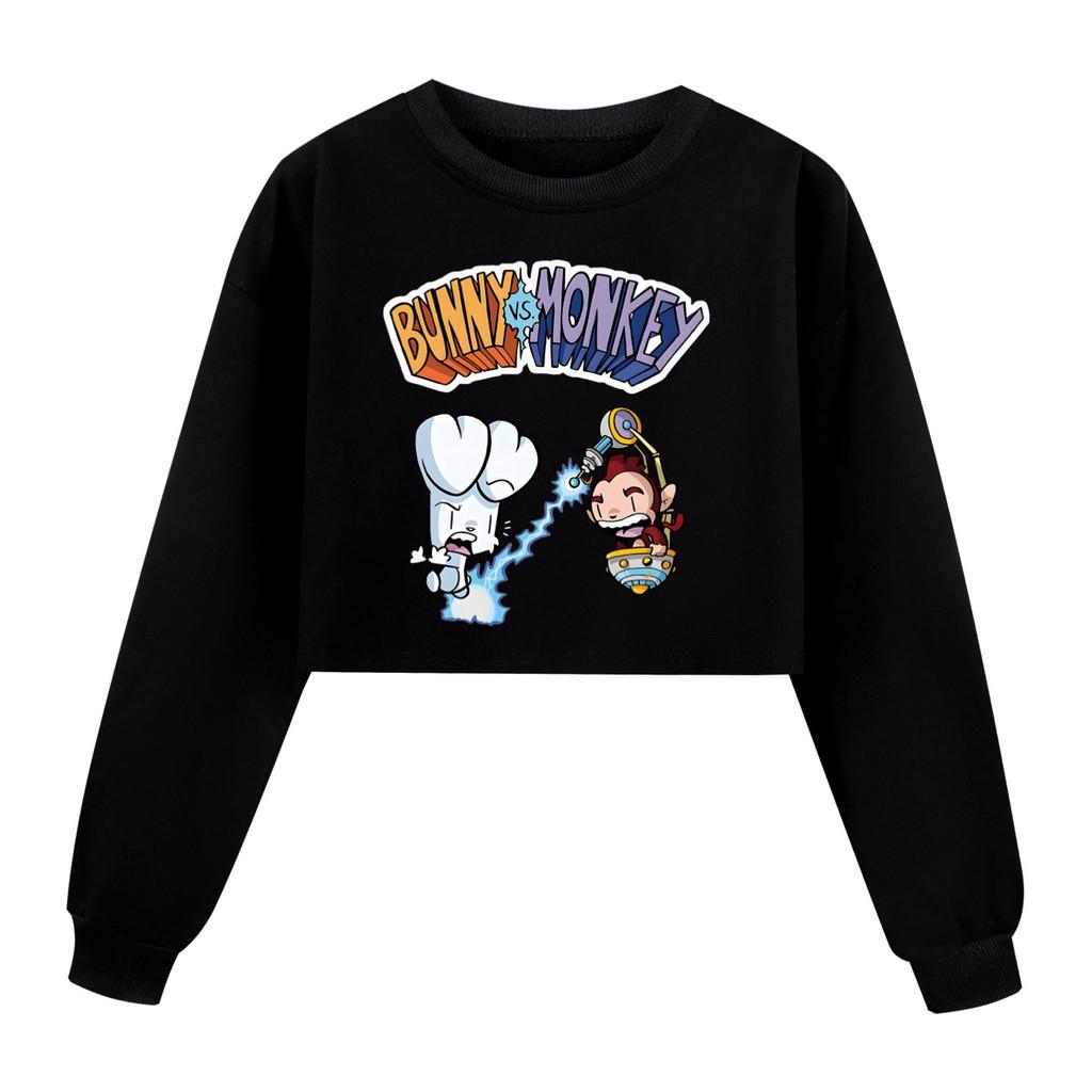 4187 Kinder Mädchen Kaninchen Affe Aufdruck Lässiger Langarm Kurzer Stil Sweatshirt