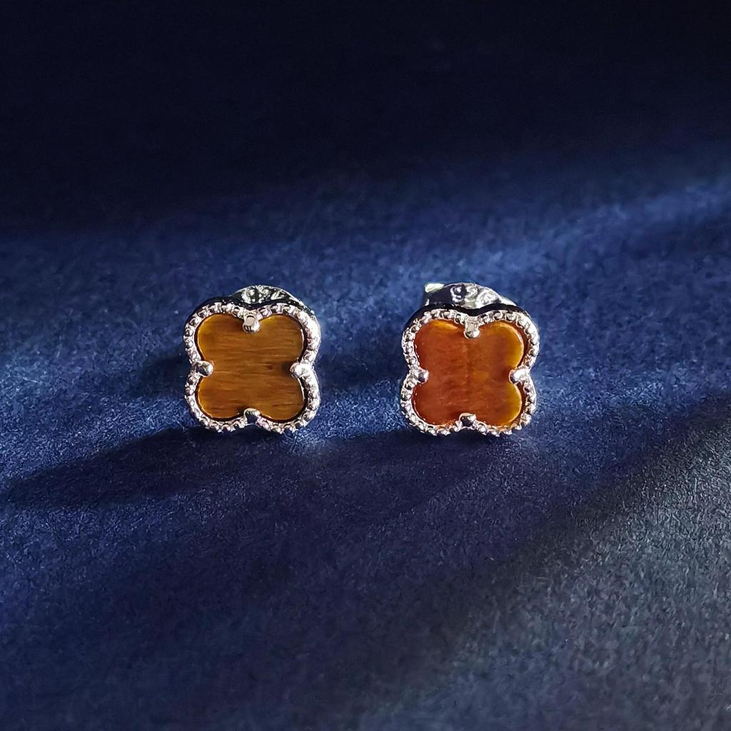 7MM Vierblättriges Kleeblatt Tigeraugen Ohrring 925 Sterling Silber Braun Platin Ohrringe