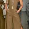 Women's Sleeveless Wide Leg Jumpsuit with Side Pockets And Button Closure Solid