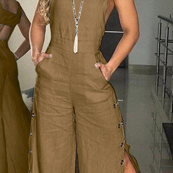 Women's Sleeveless Wide Leg Jumpsuit with Side Pockets And Button Closure Solid