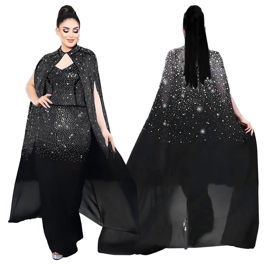 C7292 Europeisk & Amerikansk Mode Dam Sexig Strass Bodycon Genomskinlig Sjal Klänning