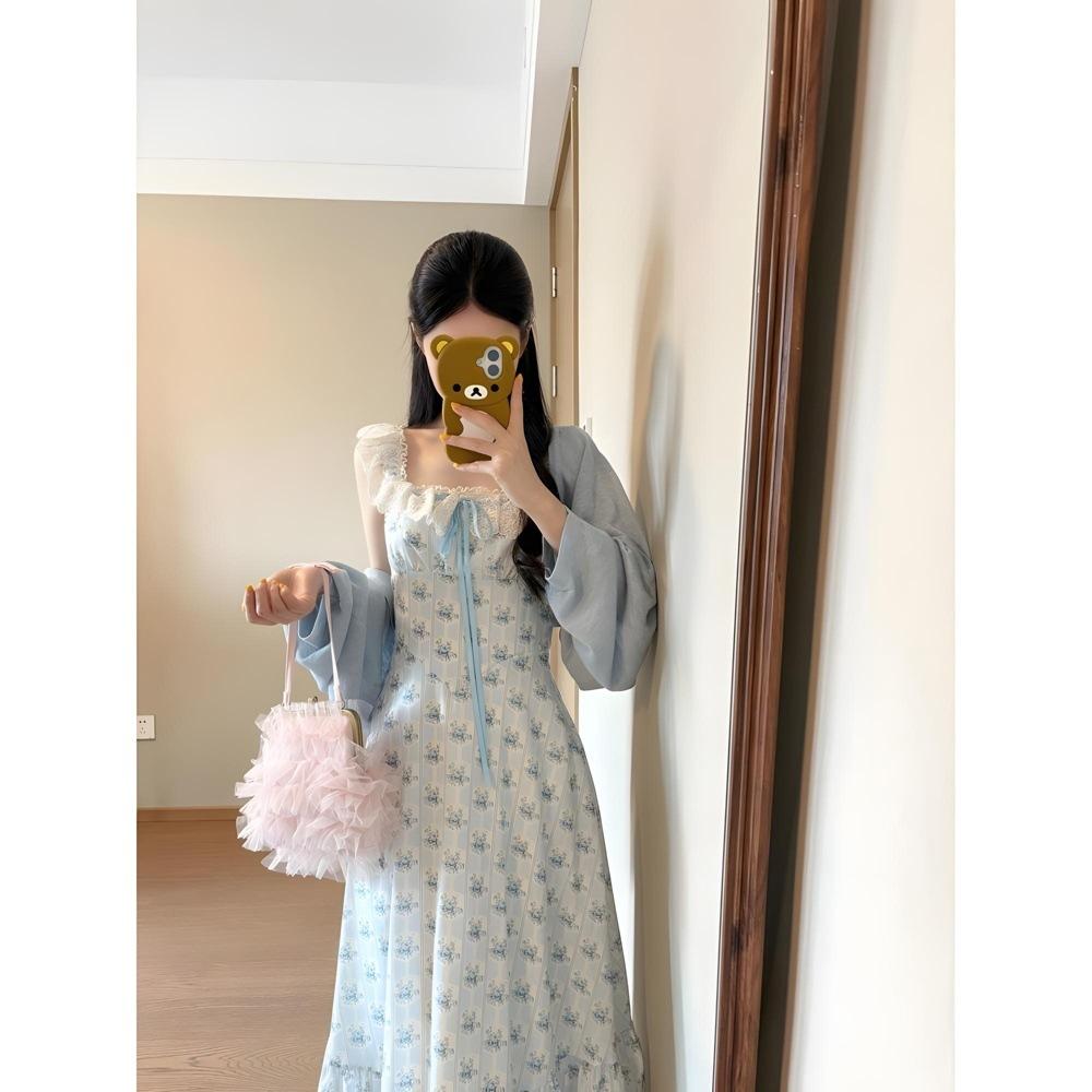 Women's summer new blue vacation lace versatile waist dress floral suspender dress
