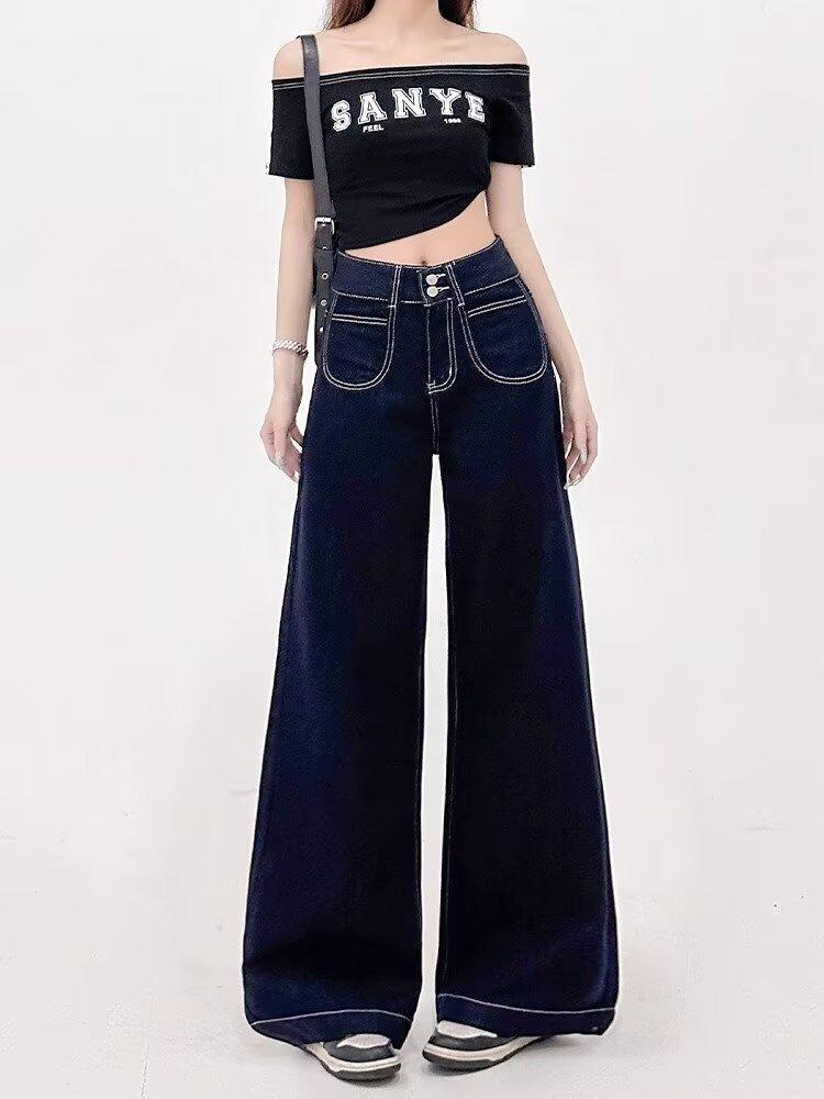 

Женские драпированные джинсы широкого кроя в гонконгском стиле - Коллекция Весна/Осень 2025: Свободные, с высокой талией, стройнящие повседневные брюки Double Extra Large темно-синий