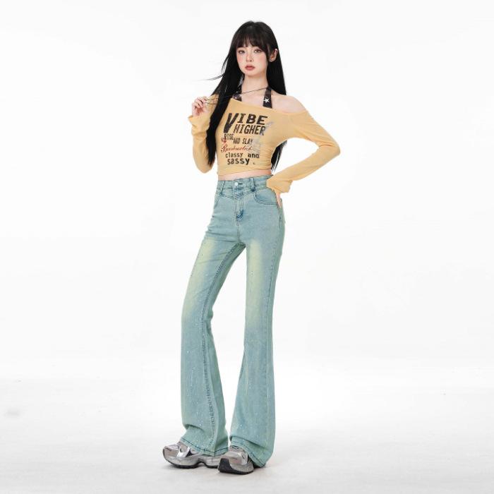Light blue hot diamond model, aircraft waist design sense, slim fit, slightly thin, slightly pulled pants, women's spring 11 new models
