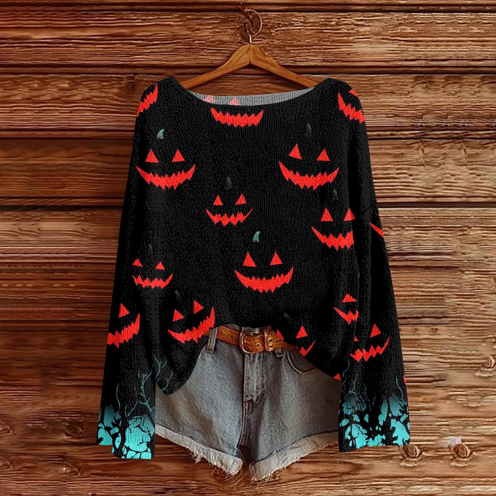 

Свитшоты на Хэллоуин для женщин, вязаный свитер, милая рубашка, осенний свитер с круглым вырезом, топы XL винный