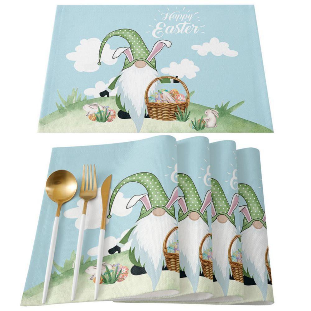 4pcs Easter Placemats Cotton Linen Heat Resistant Table Mats Non-Slip Easter Bunny Gnome Placemat Decoration for Home Kitchen