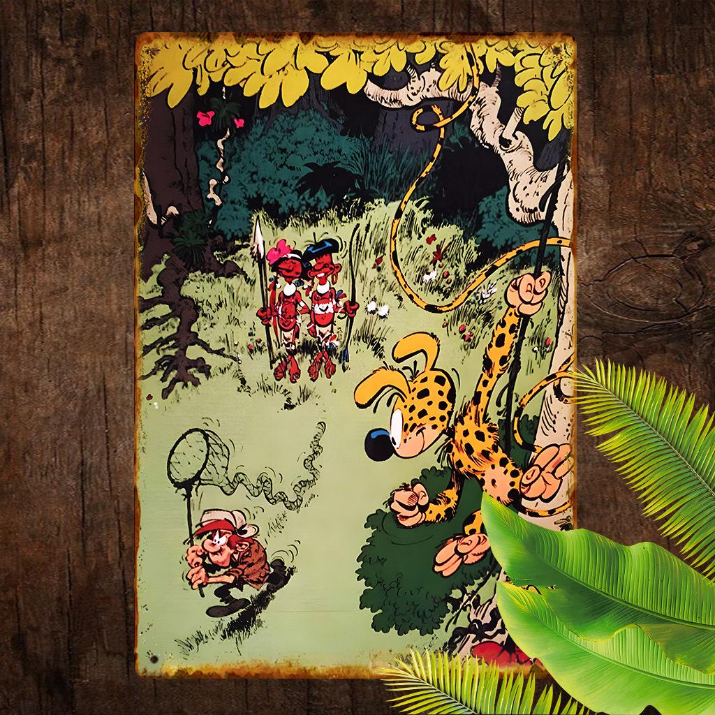 Vintage Metal Aluminum Sign Whimsical Jungle Scene with Cartoon Animals Folk Figures Waterproof Dustproof Wall Art for H