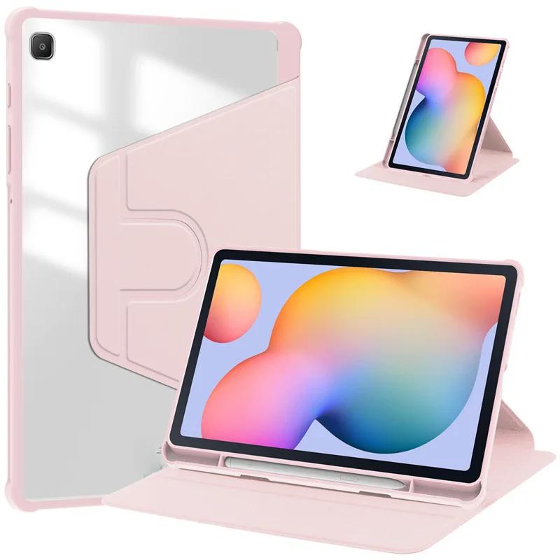 

For Galaxy Tab S6 Lite P610 Protective Case Acrylic Rotating Back Case Transparent Thin Leather Case P613 P610-P615-P619-P613 рожевий