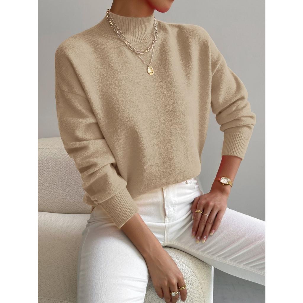 Solid Color Loose Knit Top Semi High Neck Pullover Long Sleeved Sweater Women Autumn and Winter