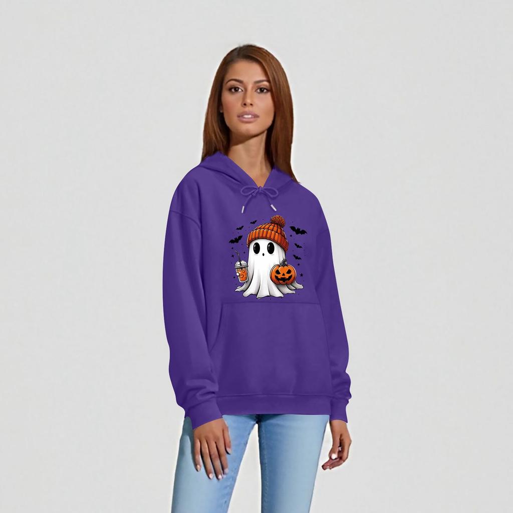 Women's O-neck Long Sleeve Halloween Printed Top Solid Color Hoodie