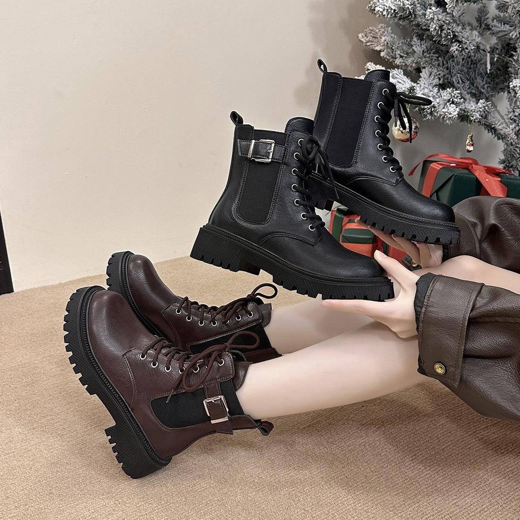 Autumn and winter leather boots women's Martin boots thick heel student boots British style thick sole heightening short boots women's shoes