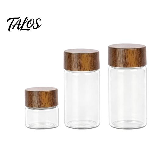 Talos Glass Mini Storage Jar, with Wood Lid, Moisture Proof Portable Small Container, for Coffee Beans Tea Sugar Spices Kitchen Organizer