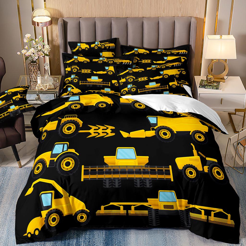 Construction Vehicle Excavator Truck Fire Truck 3D Digital Printing Bed Three-Piece Quilt Kit