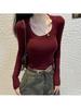 Autumn U-neck Long-sleeve Waist-cinching Sexy Slim Fit Versatile Solid Color Top