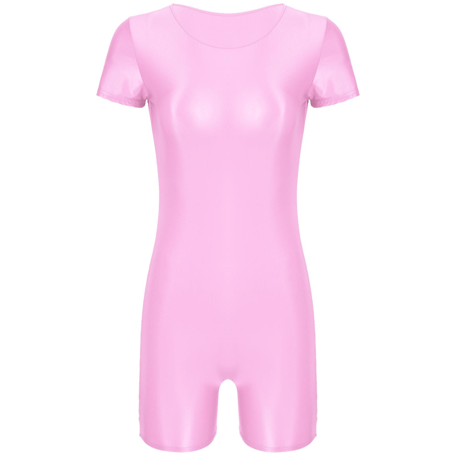 

Глянцевий жіночий боді з круглим вирізом і короткими рукавами для плавання, бігу йоги XL рожевий