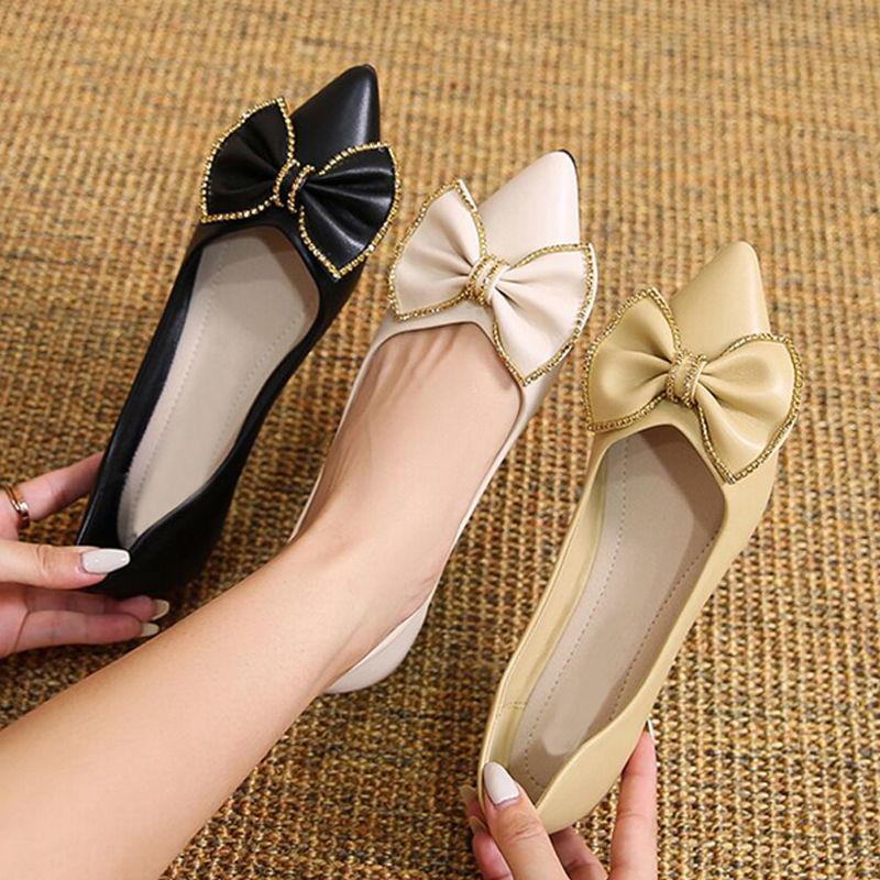 Fashion Pointed Toe Rhinestone Ladies Footwear With Bow Women's Flat Shoes Quick Delivery Wholesale 2025 Trend 39 Social Fashion Shoe