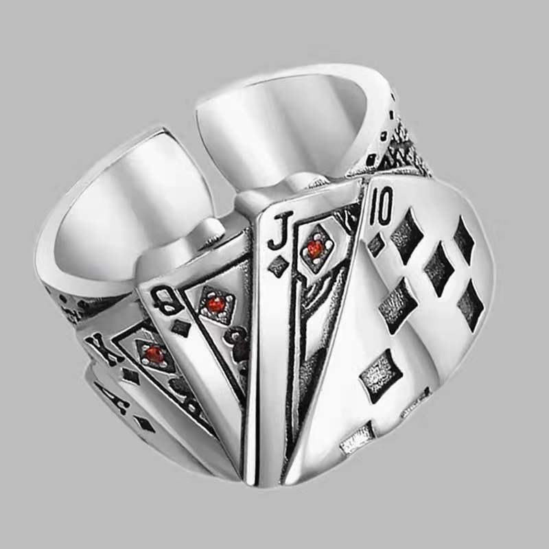 Flush Poker Ring for Men and Women, Domineering Retro Square Open Ring Jewelry