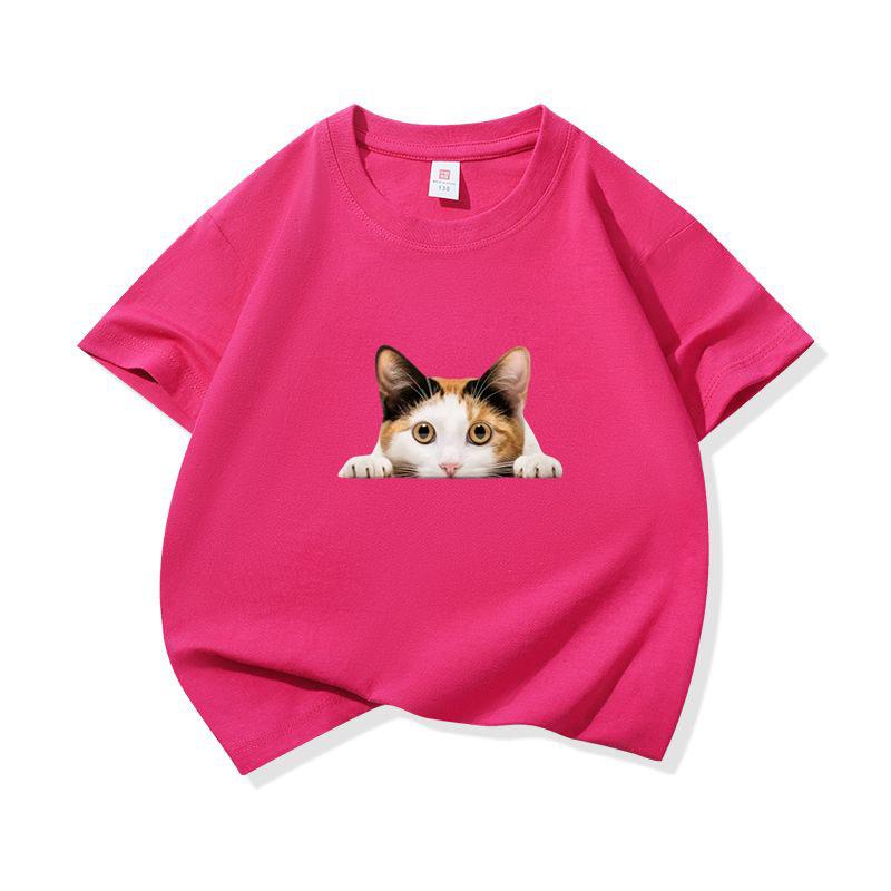 Kids Cotton T Shirt Peeking Calico Cat Graphic Print Crew Neck Short Sleeve Tee Casual Breathable Boys Girls Summer Tops