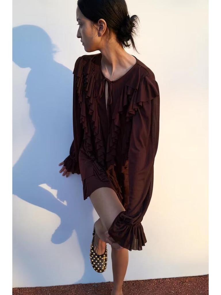 2025 Spring Women's Layered Crew Neck Mini Dress - European & American Style, Long Sleeve