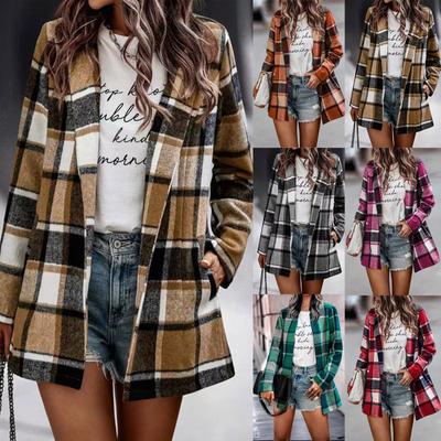 Damen Herbst Und Winter Mittellanger Revers-Cardigan Einreihig Tasche Kariertes Hemd Oberteil