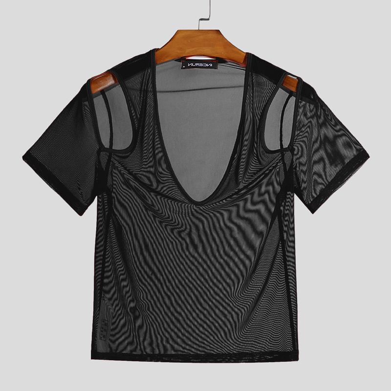 INCERUN Men V Neck Mesh Stretch Off Shoulder Sheer Tops Sexy Transparent T-shirts