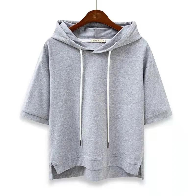 Women's Summer Solid Color Short Sleeved Hooded Top Female Sports Leisure Sweatshirts