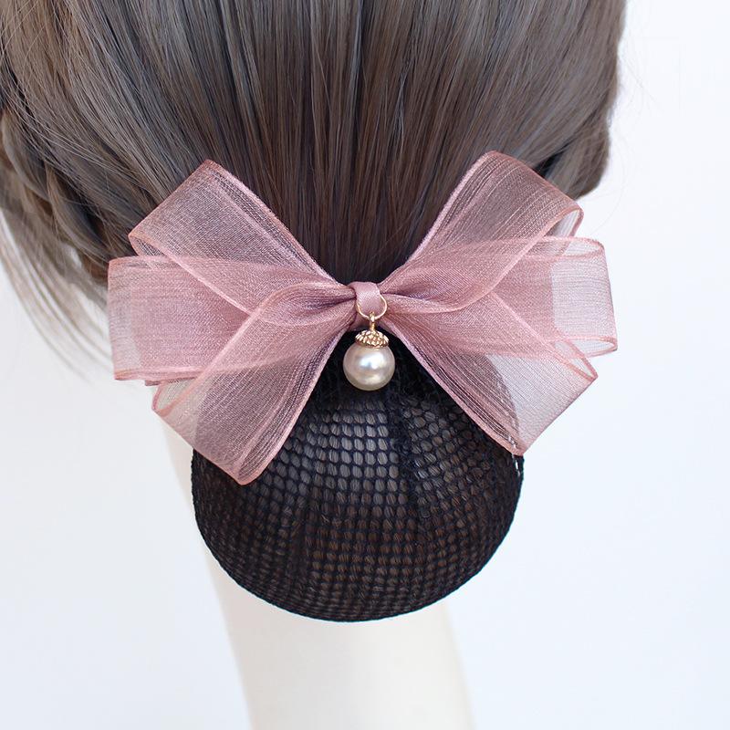Vocational Nurse Head Flower Mesh Pocket Hairpin Silk Yarn Pearl Pendant Bow Stewardess Bank Disc Hair