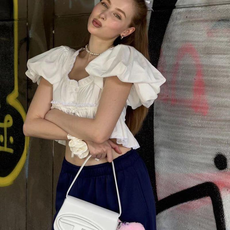 Za Summer New Arrival Women's Clothing Fashion Style Fashion Puff Sleeve Bows Wooden Ear Pleated Drawstring Small Top