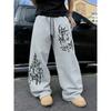 Men's Cool Totem Printed Casual Running Pants Loose Straight Leg Pleated Sports Pants High Street Retro Personalized Design Casual Pants