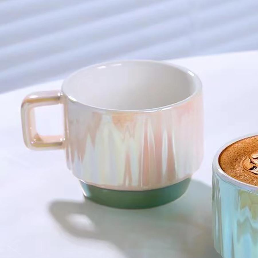 Stackable Colorful Mugs Home Office Coffee Teacups Striped Ceramic Cups Elegant Pearlescent Glazed Water Cups 260ml