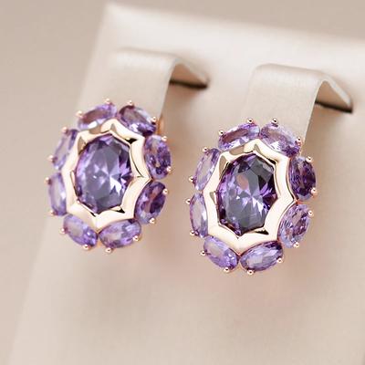 1 Pair Sparkling Oval Purple Zircon Drop Earrings for Women Luxury Golden Color Party Daily Jewelry