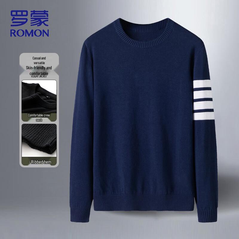 ROMON Men's Striped Round Neck Pullover Cotton Knit Sweater