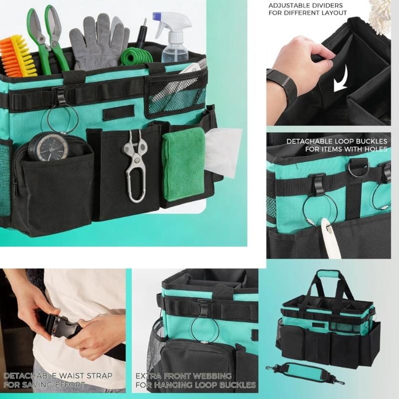 Wide Opening Cleaning Organizer Bag for Room To Room Supply Storage, Shape Holding Side Walls, Pocket Sections and Shoulder Belt Carry