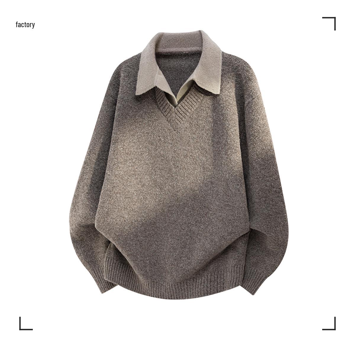 

Men’s Retro V-Neck Sweater: Thick Knit, Faux Two-Piece, Lapel Design for Autumn/Winter XXL коричневий