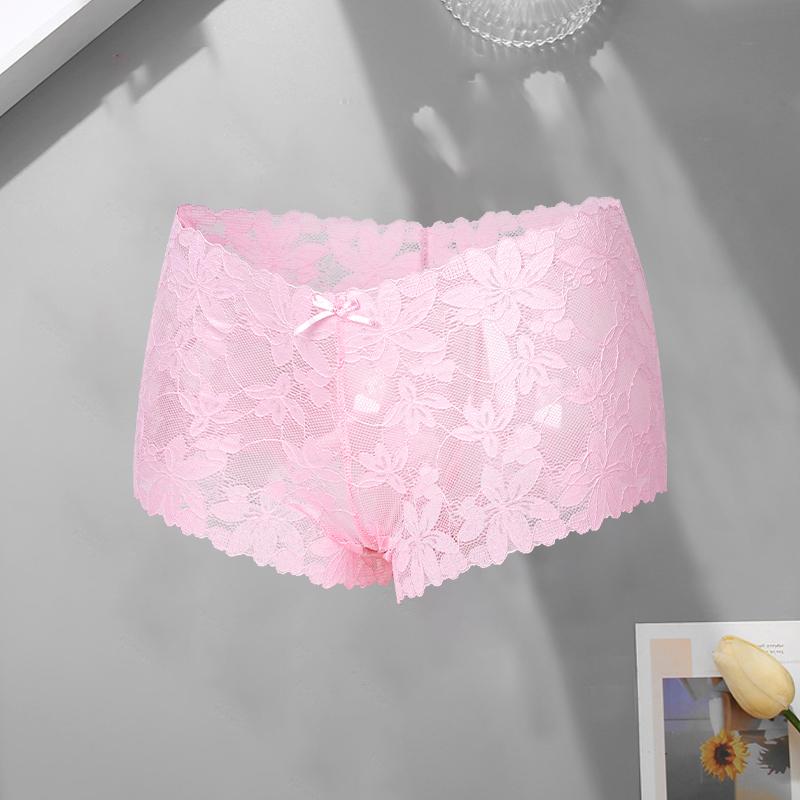 Women‘s Sexy Lace Floral Boxer Shorts Panties Female Solid Color Hollow Out High Waist Boyshort Elastic Perspective Lingerie