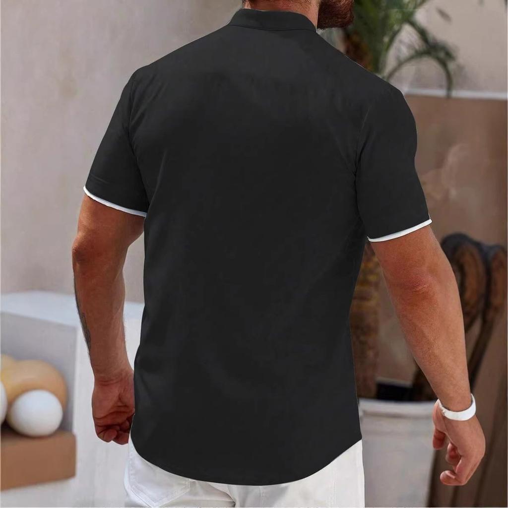 Men Clothes Summer New Stand Collar Short Sleeve Spell Color 100% Polyester Casual Shirt Tops