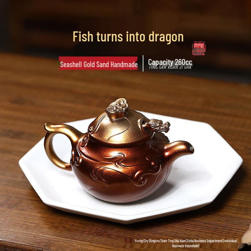 Yixing Teapot: Handmade Green Clay Dragon-Fish Design with Secret Pattern Gift Box
