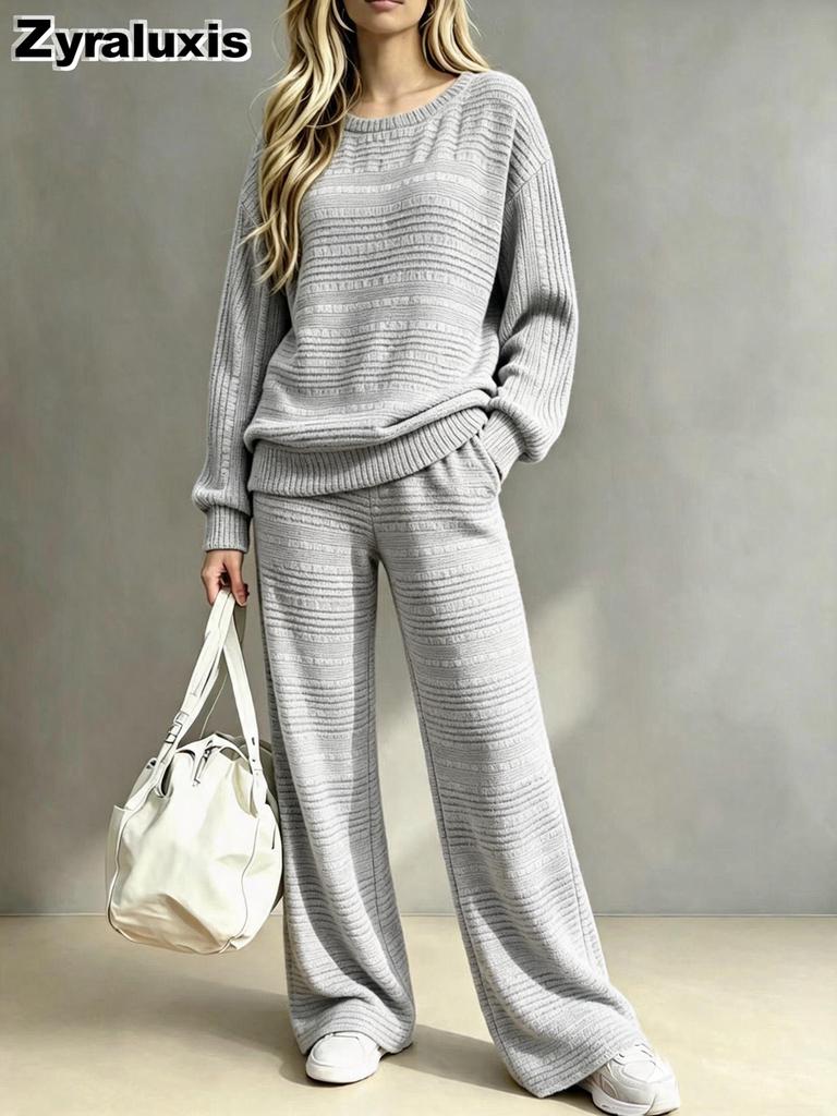 Women's Autumn Chunky Knit Casual Set Long Sleeve Top Wide Leg Pants Two Piece Outfit Fashion Wear