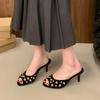 Fashion Studded Peep Toe Mules Stiletto Slip On Gold Rivets Decor Classic Sexy Women Summer Sandals Dress Party Daily Casual Single Shoe
