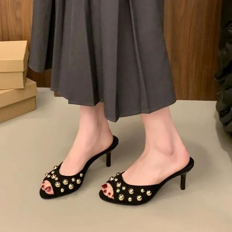 Fashion Studded Peep Toe Mules Stiletto Slip On Gold Rivets Decor Classic Sexy Women Summer Sandals Dress Party Daily Casual Single Shoe