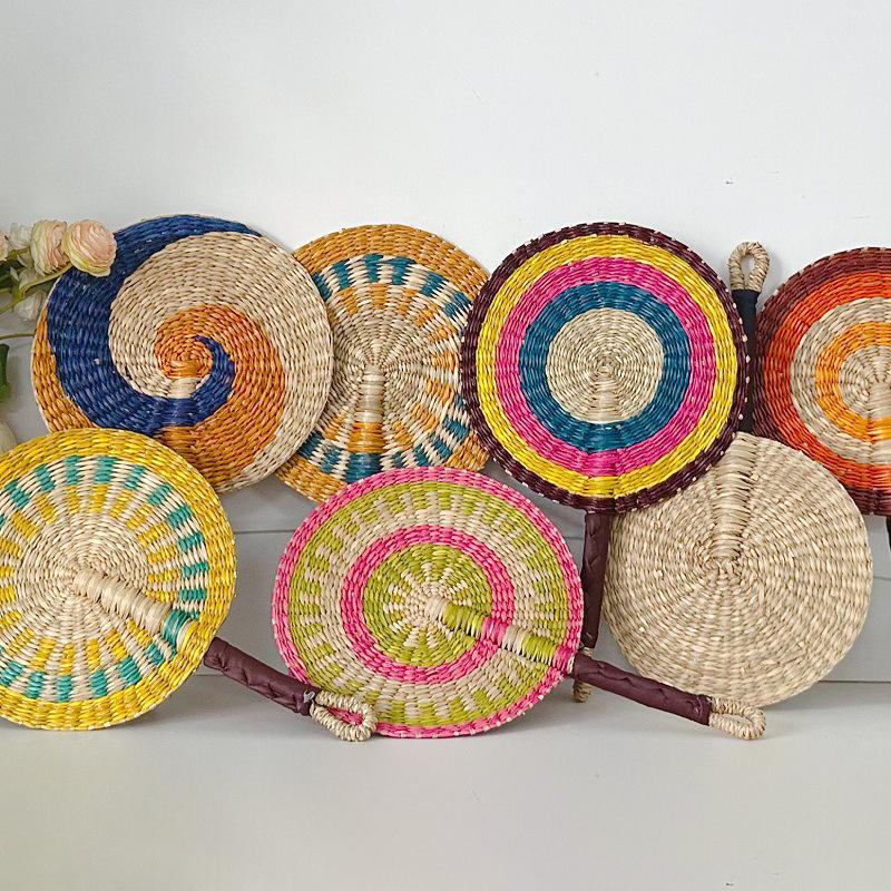 Colorful Striped Patterns Seagrass Woven Fan Vintage Anti-Mosquito Hand Braided Fan Natural Portable Cattail Fan School/Office