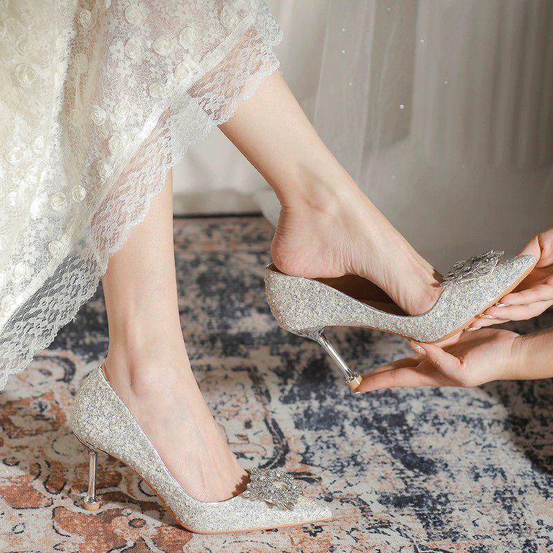 French Bridal Wedding Shoes Women's 2025 Silver Wedding Dress Crystal Shoes Main Wedding Dress Show Two Wear Stiletto High Heels