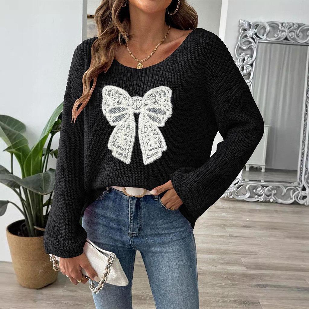 Women's European & American Bow Embroidery Pullover Sweater with Loose Micro-flared Sleeves