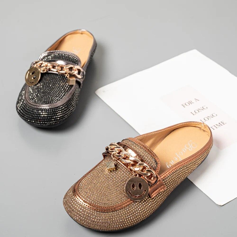 Mode Kristall Bling Maultiere Hausschuhe Frauen Schuhe Weibliche Maultiere Schuhe Runde Low Heels Elegante Schuhe Frau Slipper Casual Schuhe