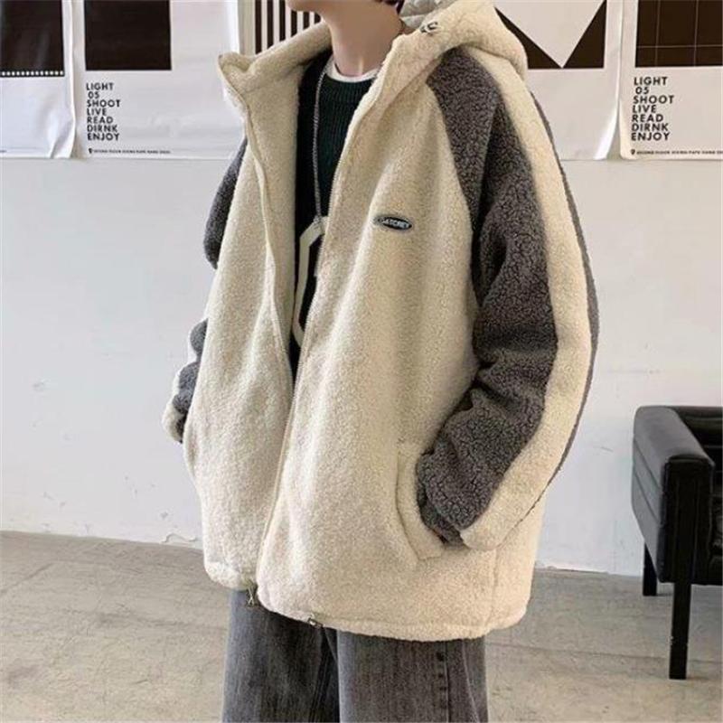 Men's Fall and Winter Thickened Plush Jacket Warm Hooded Top Soft Loose Jacket