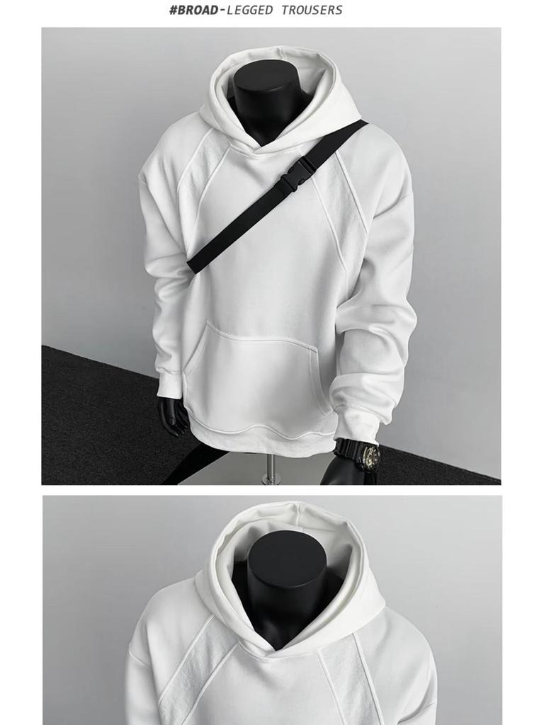 American Style Grey Deconstructed Patchwork Men's Hoodie, Spring/Autumn Trend, High Neck, Socially Anxious Persona, Fashionable Outerwear